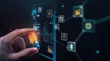 Fototapeta premium Interactive digital interface for data management modern office infographic design high-tech environment close-up view innovation