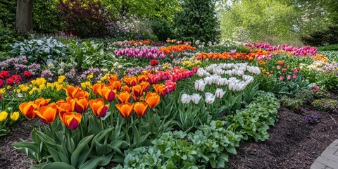 A variety of colorful tulips in a spring garden, arranged in neat rows, with vibrant colors contrasting against deep green leaves