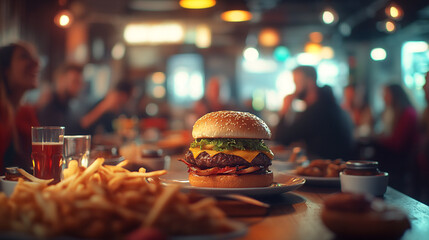 Delicious burger with fries served in a lively restaurant during dinner time