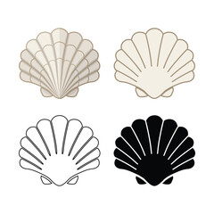 A set of bivalve clam icons. Seashell. Marine life. Black outline and silhouette, colored icon. Vector illustration for design and web.