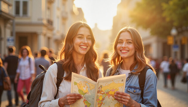 Happy teenagers sightseeing in urban street during afternoon, adventure
