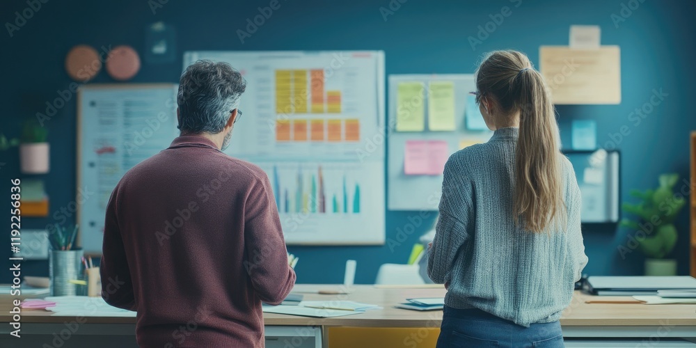 Poster a teacher and a counselor discussing student progress in a school office with charts and reports lai