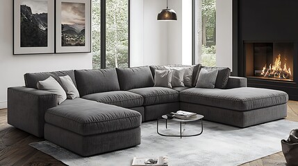 Modern Grey L-Shaped Sectional Sofa in a Luxurious Living Room with Fireplace and Large Windows.