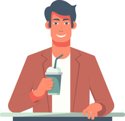 Cartoon man in a brown jacket smiles as he enjoys a cup of coffee, exuding warmth and contentment. Ideal for lifestyle and cozy-themed designs, the image captures a moment of relaxation and pleasure.