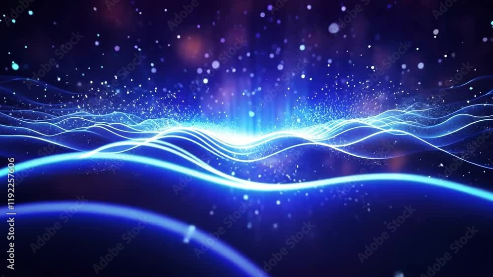 Fototapete Celestial Waves: Abstract digital art depicting luminous blue waves flowing across a dark cosmic backdrop, shimmering with ethereal particles and a central glow.