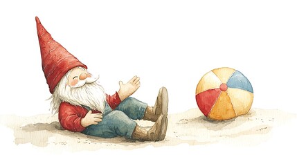Fototapeta premium A whimsical watercolor illustration of a cheerful gnome relaxing on a sandy beach with a beach ball.