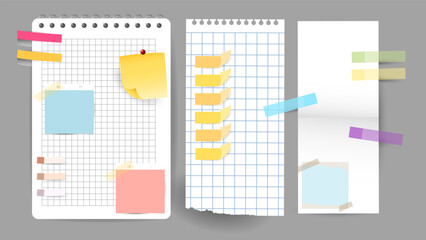 Paper and notes, stickers, sticky sheets and tape Vector Set, on gray background, Flat Modern design , illustration Vector EPS 10