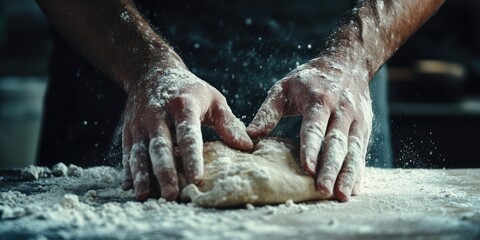 Fototapeta premium Two hands in a close-up shot expertly rolling dough on a floured surface in a rustic kitchen focused attention on the task with flour dusting the scene