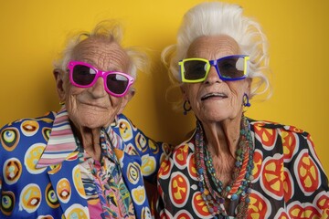 Obraz premium Vibrant elderly couple in bold patterns and neon glasses against yellow background