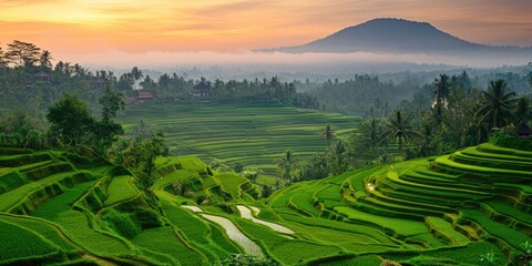 Fototapeta premium A tranquil rice terrace landscape in Asia at sunrise, with layers of green fields and a misty mountain backdrop