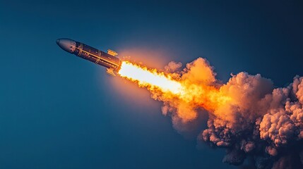 A colorful rocket launching into the sky, symbolizing ambition, innovation, exploration, and the relentless drive to reach new heights against a vibrant blue backdrop of limitless potential.