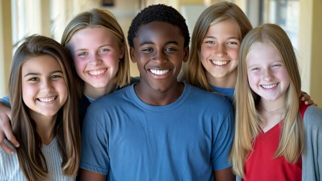 Diverse Group of Happy Teens Smiling in School Hallway