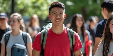 Fototapeta premium A group of freshmen walking through a college campus during orientation, carrying backpacks and schedules, full of anticipation