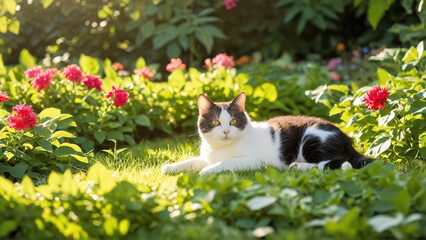 A cute cat lounging in a lush garden, surrounded by vibrant flowers and greenery
