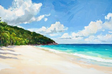 Fototapeta premium Tropical Beach Painting Captures Paradise with Palm Trees, White Sand, and Turquoise Ocean