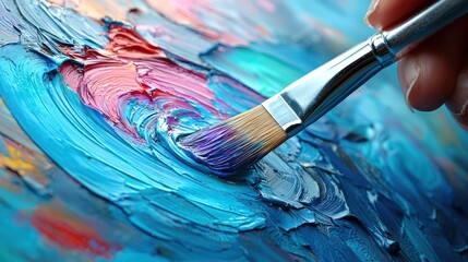 Obraz premium Close-up of a paintbrush on colorful canvas.