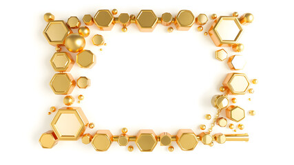 A 3D rendered golden A-frame composed of metallic and reflective elements like hexagons, cubes, and discs, isolated on a pristine white background in 8K