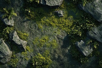 Lush Mossy Rock Texture with Tropical Plants Creates a Natural Background
