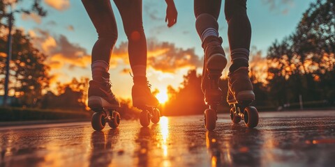Two friends on the move, rollerblading through a city park at sunset, vibrant energy