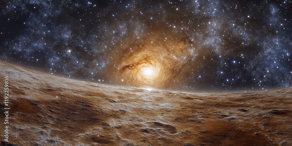 Fototapete a distant star system within a galaxy, with planets orbiting a bright star and the galactic core vis