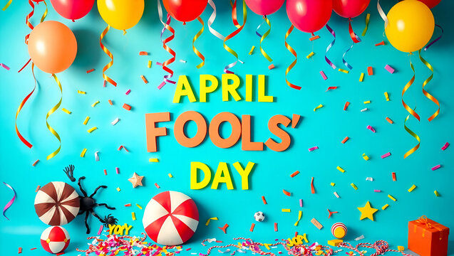 Paper note with phrase APRIL FOOL'S DAY and decor on light blue background, flat lay 1st April Fool's Day