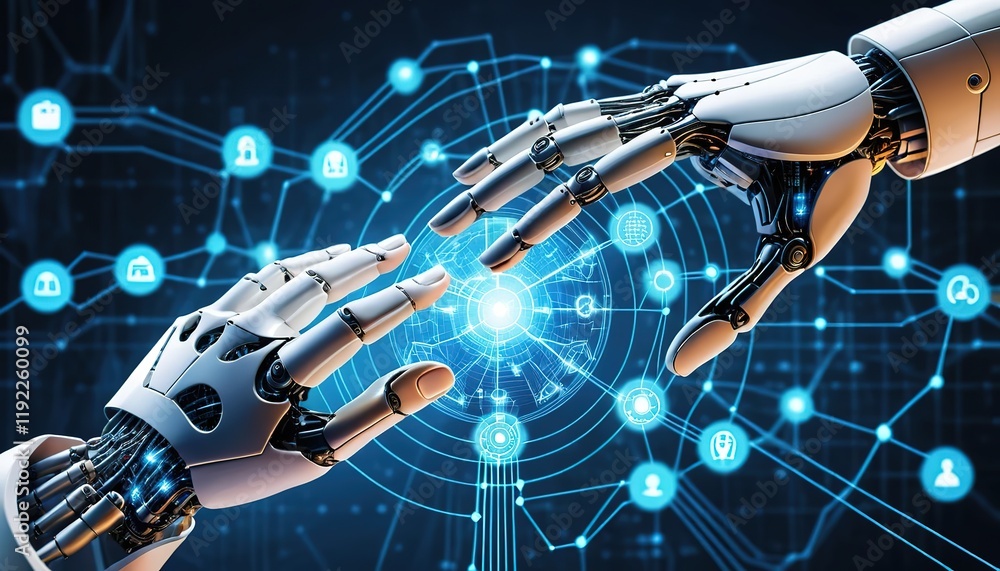 Aufkleber ai, machine learning, hands of robot and human touching on big data network connection background, s