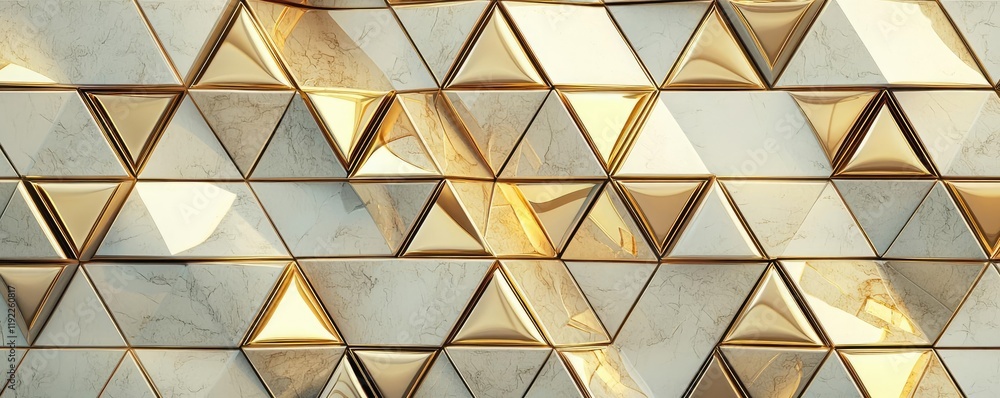 Poster triangle abstract background concept. elegant geometric pattern of gold and marble tiles creating a 