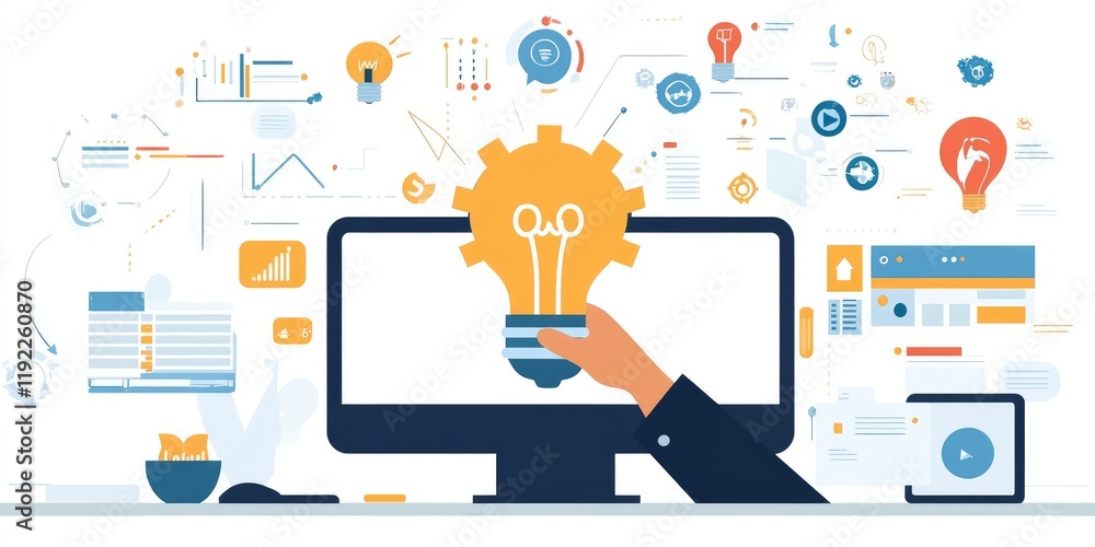 Fototapete a hand holding a light bulb with a gear icon, representing innovation and inspiration through digita