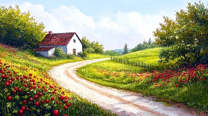 Obraz premium Idyllic Countryside Scene Winding Dirt Road, White Cottage, and Vibrant Red Flowers.