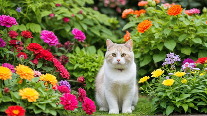 A cute cat sitting in a vibrant garden, surrounded by colorful flowers and lush greenery