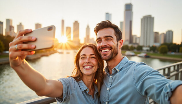 Joyful couple taking a selfie on a city bridge at golden hour, celebration