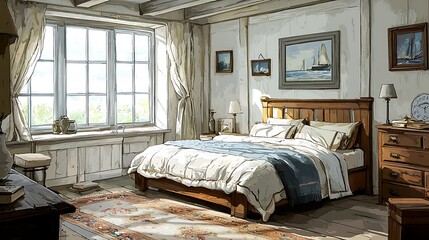 Sunlit Bedroom with Wooden Bed, Ocean View, and Antique Furnishings.