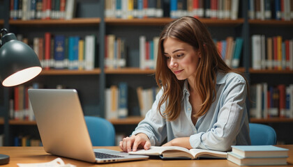 Focused young woman studying in modern library with laptop, celebrating youth