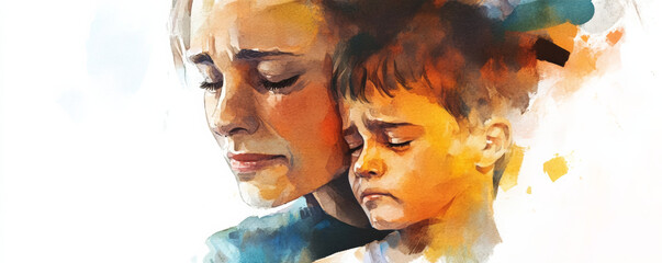 Close up of mother and child, both expressing deep emotions, with tears of joy and sadness blending in colorful artistic style. touching moment of love and connection