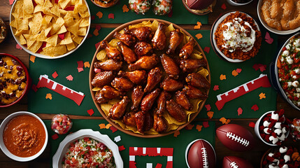 Top-down view of a Super Bowl celebration table with wings and nachos
