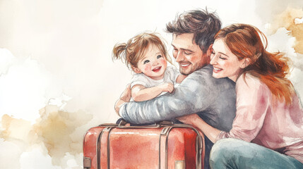 joyful family embraces each other, with little girl sitting on suitcase, capturing moment of love and togetherness. warm colors evoke sense of happiness and connection