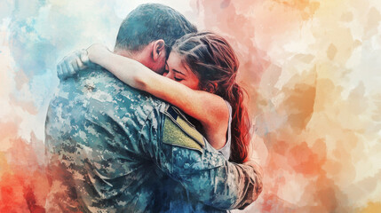 Emotional hug during military homecoming ceremony, showcasing love and reunion. soldier embraces loved one, symbolizing joy and relief after separation