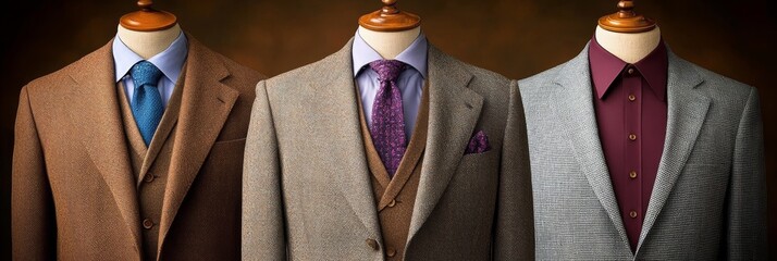 Collection of Three Men's Suits in Wool and Flannel, Displayed on Mannequins Against a Dark Background