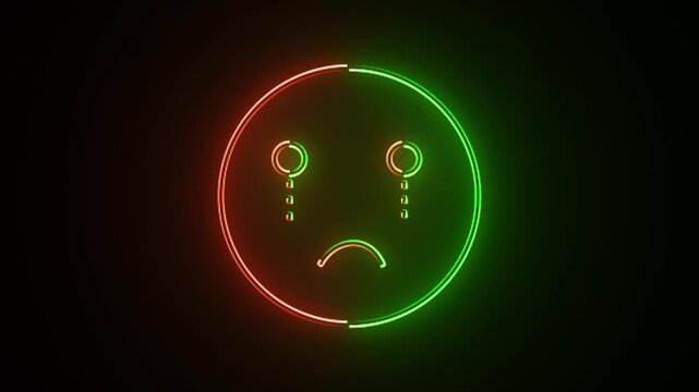 abstract glowing  neon sad emoji icon with a black background animation.