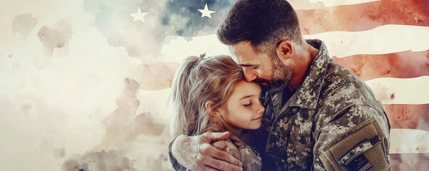 Military dad embracing daughter under fluttering flag, showcasing love and pride. heartfelt moment captured against backdrop of patriotism and unity