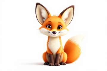 Adorable cartoon-style orange fox with large ears and bright eyes, sitting on a white background. Concept of charm, friendliness, and nature. Ai generative