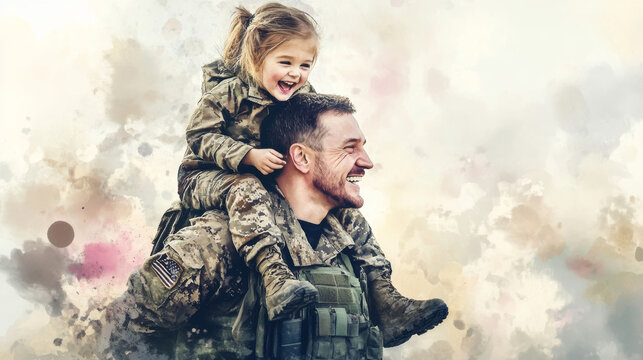 Military dad holding daughter on his shoulders, both laughing joyfully, showcasing heartwarming bond in playful moment. beautiful display of love and connection
