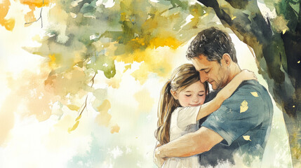 heartwarming scene of father and daughter embracing under tree, surrounded by autumn leaves. Their bond reflects love and warmth in serene setting