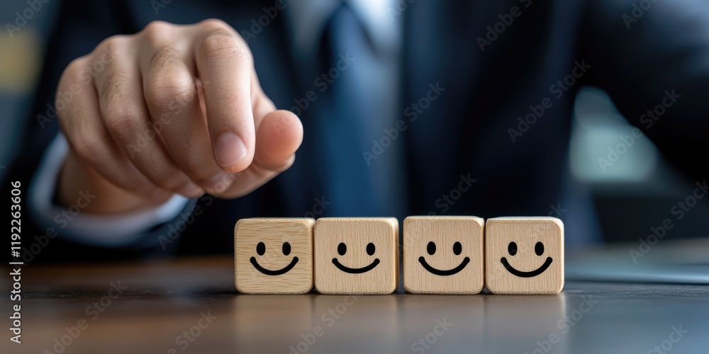 Poster top-tier business service and customer experience concept. a businessman selects a smiley face on a 