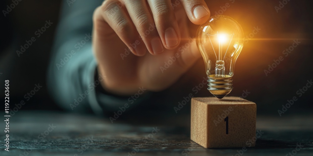 Poster a hand reaching for a light bulb on a wooden block labeled ideas, symbolizing innovation, creativity