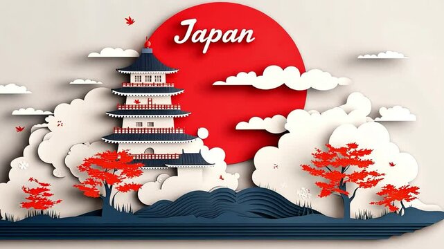 Beautiful paper-cut art depicting Japanese culture with a traditional pagoda and sun.