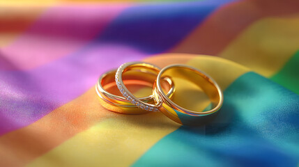 Two gold wedding rings on rainbow lgbt flag. Homosexual marriage. Lgbt rights and law Stock Photo photography