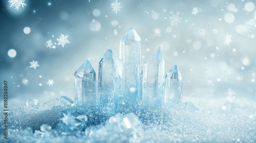 Poster sparkling ice crystals forming a miniature castle on a snowy surface with a bokeh effect.
