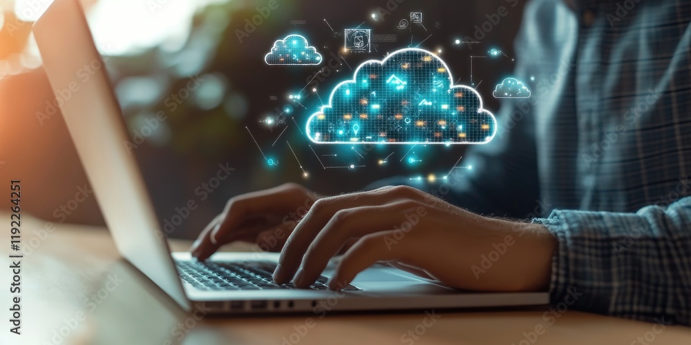 Poster a man working on a laptop with a cloud computing diagram floating above his hand, representing cloud
