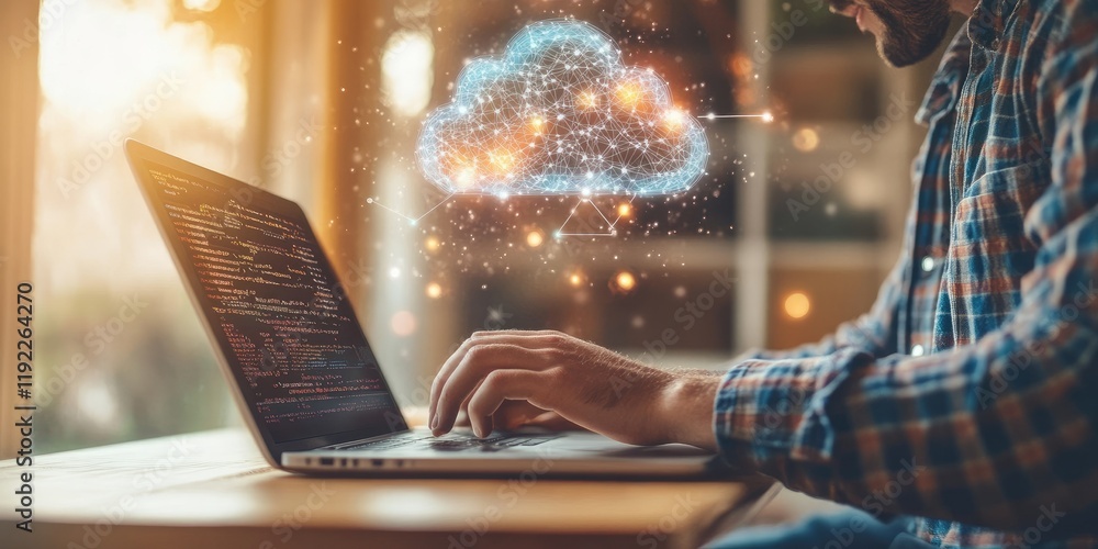 Poster a man working on a laptop with a cloud computing diagram floating above his hand, representing cloud